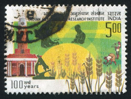 INDIA - CIRCA 2006: stamp printed by India, shows crop, microscope, people, building, circa 2006