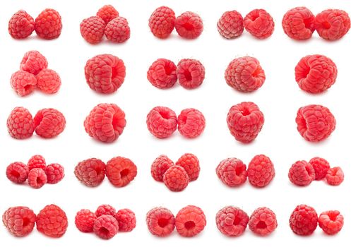 Collection of ripe red raspberries isolated on white background