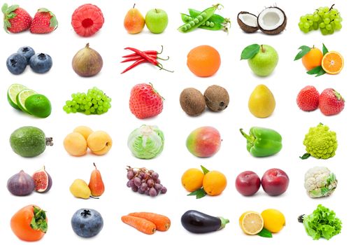 Collection of various fruits and vegetables isolated on white background