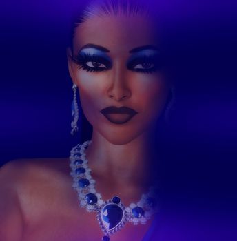 Elegant woman in jewels on a dark blue gradient background. Evening looks even more inviting on the sight of this womans eyes, makeup and jewels.
