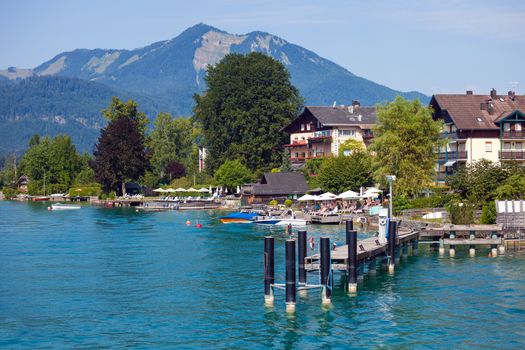 Typical Guests House on Wolfgang See lake shore next to shipbus pier, Sankt Wolfgang, Austria