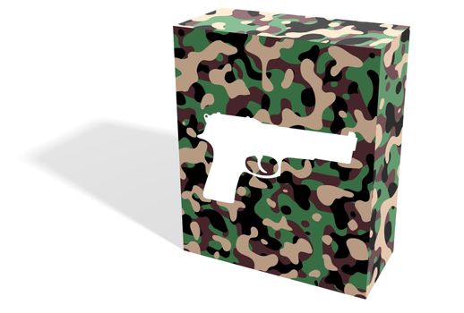 Illustration of a camouflage box with a white firearm silhouette