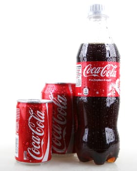 AYTOS, BULGARIA - JANUARY 28, 2014: Coca-Cola isolated on white background. Coca-Cola is a carbonated soft drink sold in stores, restaurants, and vending machines throughout the world.