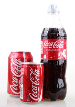 AYTOS, BULGARIA - JANUARY 28, 2014: Coca-Cola isolated on white background. Coca-Cola is a carbonated soft drink sold in stores, restaurants, and vending machines throughout the world.