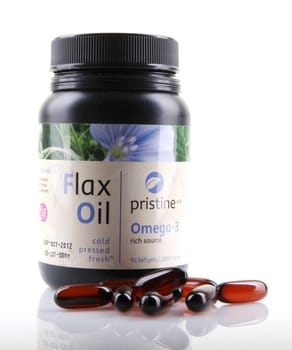 AYTOS, BULGARIA - JANUARY 28, 2014: Flax Oil Pristine - Rich in Omega-3 fatty acids.  Fresh flaxseed oil is considered the best oil for human nutrition.