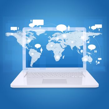 Laptop and world map with contacts. The concept of communication technologies