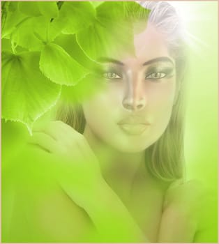 Surreal image of woman with a fresh green leaves abstract background.