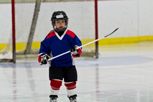 Little boy playing ice hockey in an arena