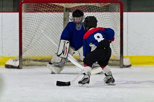 Young ice hockey player prepares to shoot on net