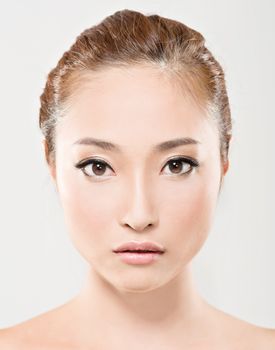 Asian beauty face closeup portrait with clean and fresh elegant lady. Studio shot.