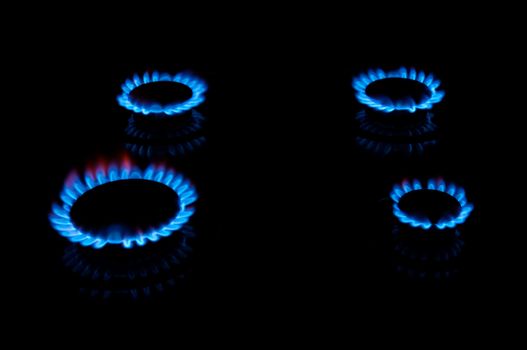 Blue gas flames from four stove burners in the dark