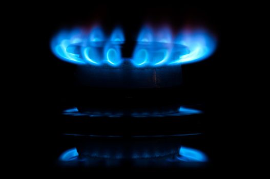 Blue gas flames from stove burner in the dark