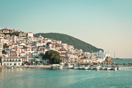 The old town of Skeopelos in Greece at dawn