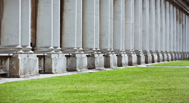 Row of large pillars in a building in London