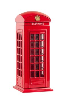 Moneybox representing red british telephone booth isolated on white background with clipping path