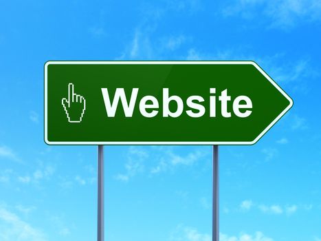 Web design concept: Website and Mouse Cursor icon on green road (highway) sign, clear blue sky background, 3d render