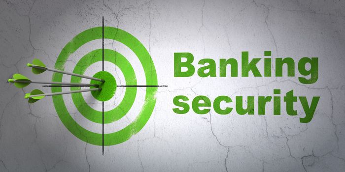 Success protection concept: arrows hitting the center of target, Green Banking Security on wall background, 3d render