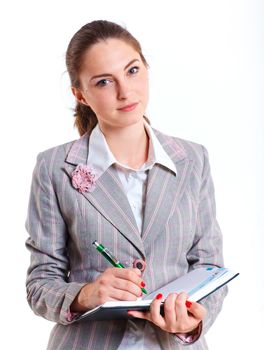 Portrait of university girl holding books and smiling. Isolated over white background.