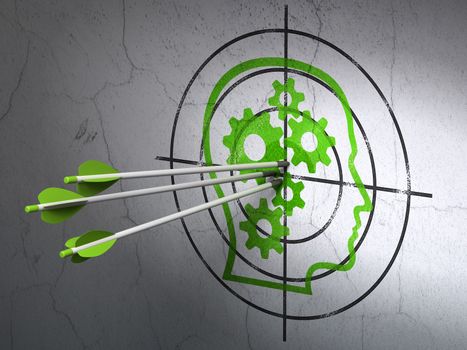 Success finance concept: arrows hitting the center of Green Head With Gears target on wall background, 3d render