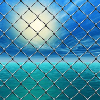 An illustration for freedom. A link fence over a sunny sky and sea.