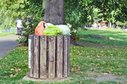 Overflowing waste bin in a public park