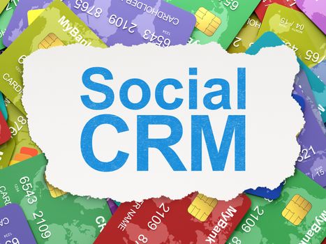 Business concept: torn paper with words Social CRM on Credit Card background, 3d render
