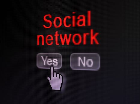 Social media concept: buttons yes and no with pixelated word Social Network and Hand cursor on digital computer screen, selected focus 3d render