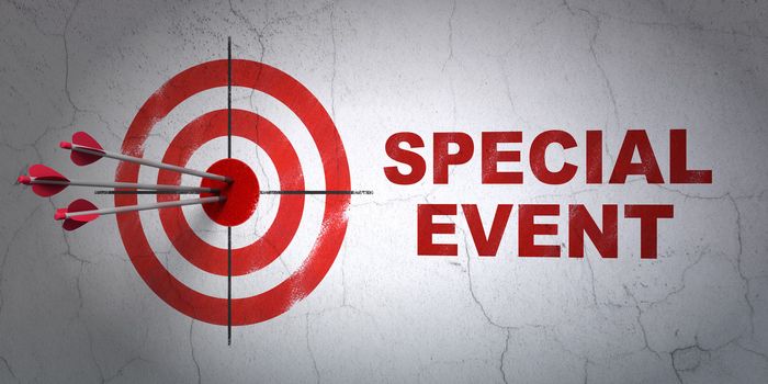 Success business concept: arrows hitting the center of target, Red Special Event on wall background, 3d render