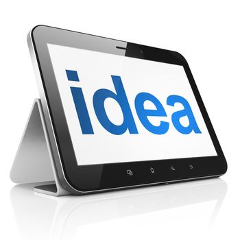 Advertising concept: black tablet pc computer with text Idea on display. Modern portable touch pad on White background, 3d render