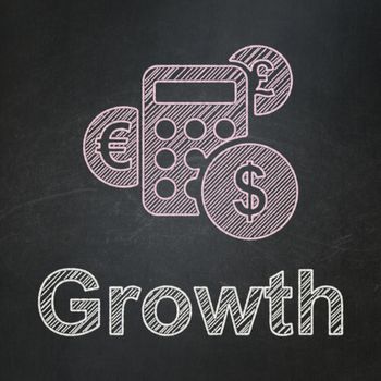 Finance concept: Calculator icon and text Growth on Black chalkboard background, 3d render