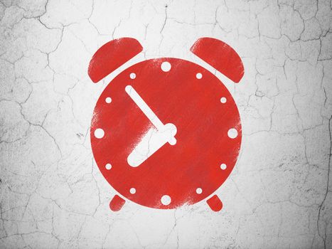 Time concept: Red Alarm Clock on textured concrete wall background, 3d render