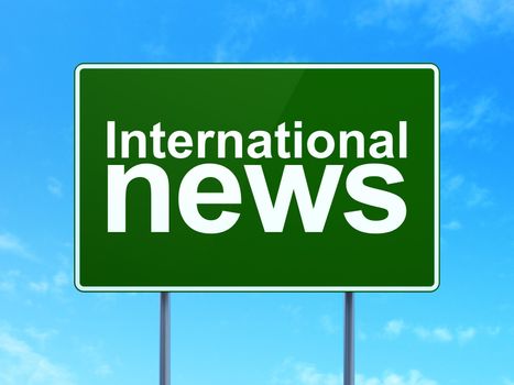 News concept: International News on green road (highway) sign, clear blue sky background, 3d render