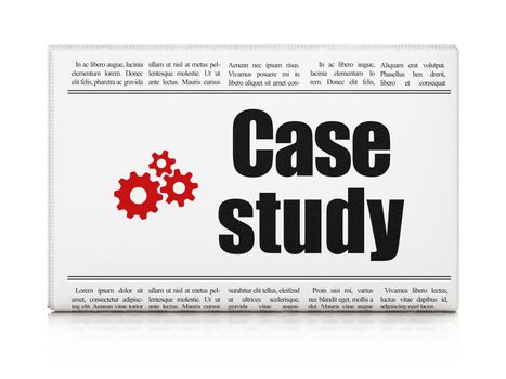 Education concept: newspaper headline Case Study and Gears icon on White background, 3d render