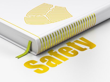 Privacy concept: closed book with Gold Broken Shield icon and text Safety on floor, white background, 3d render