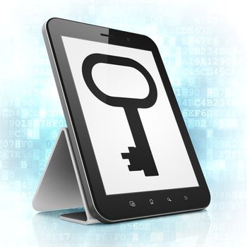 Security concept: black tablet pc computer with Key icon on display. Modern portable touch pad on Blue Digital background, 3d render