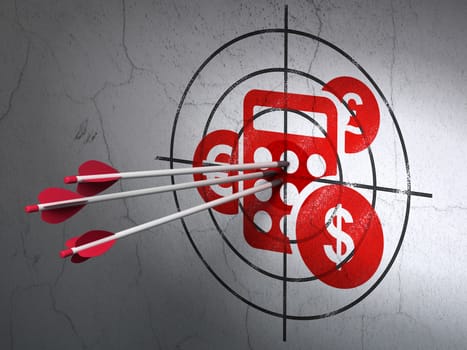 Success marketing concept: arrows hitting the center of Red Calculator target on wall background, 3d render