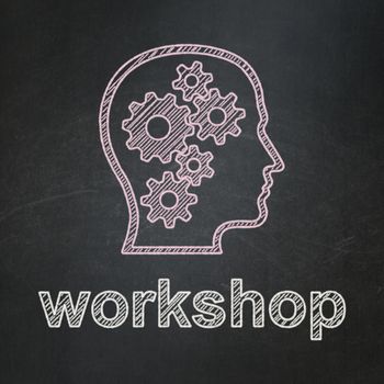Education concept: Head With Gears icon and text Workshop on Black chalkboard background, 3d render