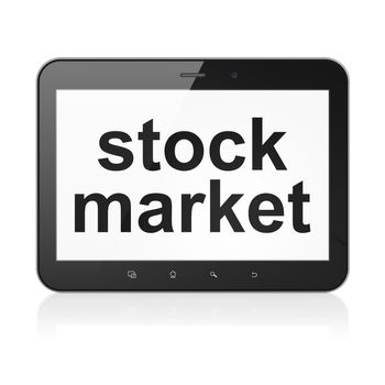 Business concept: black tablet pc computer with text Stock Market on display. Modern portable touch pad on White background, 3d render