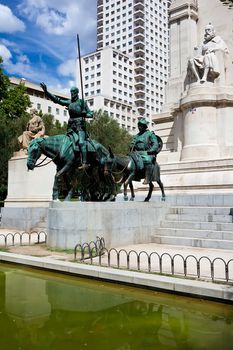 Statue of Spanish writer Miguel Cervantes and his characters Don Quichote with Sancho Panza, Madrid, Spain