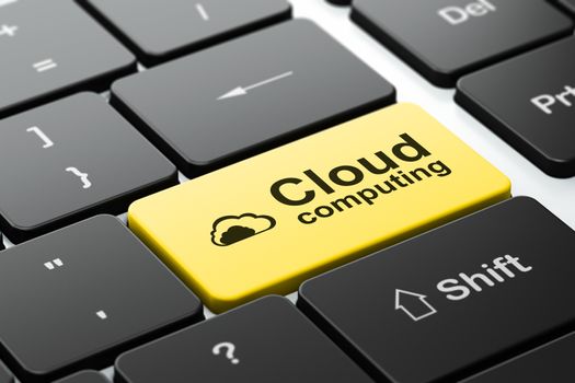 Cloud technology concept: computer keyboard with Cloud icon and word Cloud Computing, selected focus on enter button, 3d render