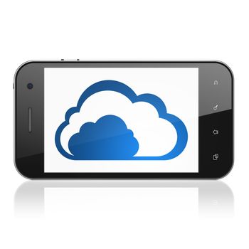 Cloud computing concept: smartphone with Cloud icon on display. Mobile smart phone on White background, cell phone 3d render