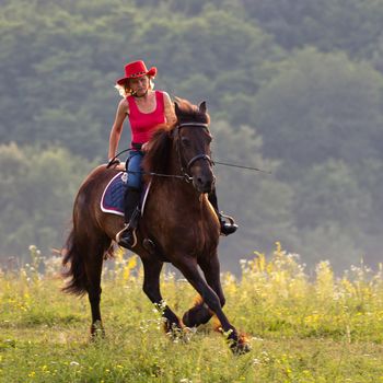 Woman in red hat galloping through the meadow on horseback a Friesian horse breed