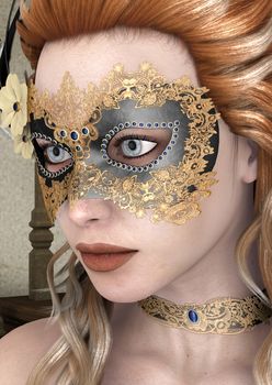 3D digital render of a beautiful woman with masquerade mask