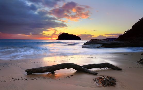 Sunrise behind  Lion Island, Australia.  Lion Island is a nature reserve and part of Australian National Heritage List