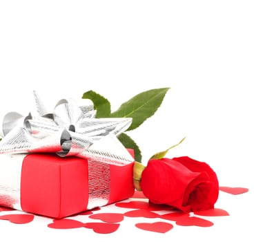 Valentines day Gift and rose isolated on white background