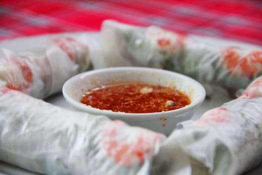 Fresh Spring Roll and sause close-up, Vietnamese Food.