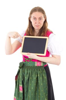 Youngster in dirndl pointing to board