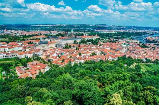 Landscape of Prague city landmarks, aerial view