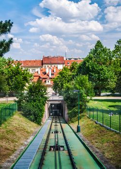 View on cable railroad from cabin of moving funicular