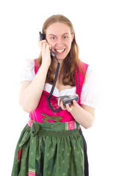 Bavarian maid dialling her friend